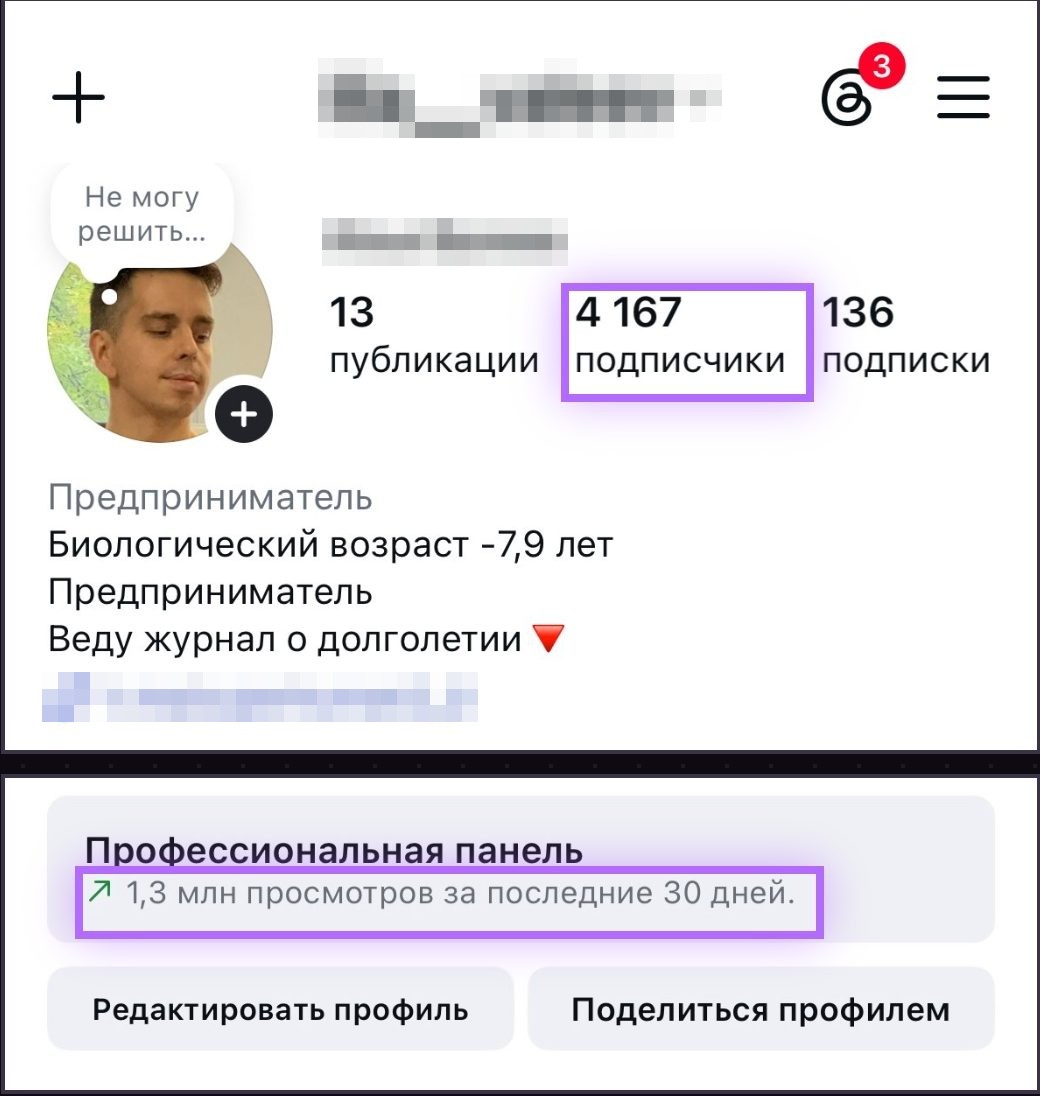 Профиль Instagram: 4 167 подписчиков и 1,3 млн просмотров за последние 30 дней в профессиональной панели